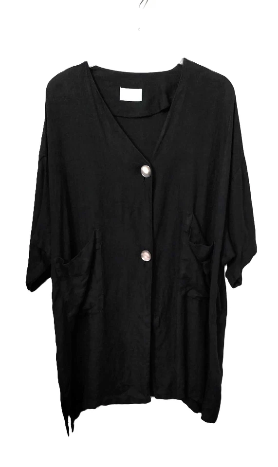 HOPSACK Leinen Überwurf Bluse Jäckchen Taschen 1/2 Arm Schwarz 50/52 - Bild 2 von 4