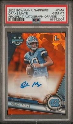 DRAKE MAYE 2023 BOWMAN U CHROME SAPPHIRE ORANGE AUTO JERSEY MATCH #10/25 PSA 10