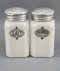 Vtg Hazel Atlas Milk Glass Salt Pepper Shakers Black Shield Art Deco Metal Lids