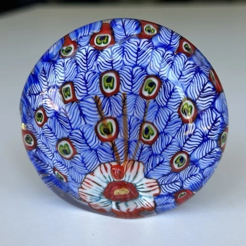 Vintage Millefiori Art Glass Abstract Peacock Paperweight Murano Style