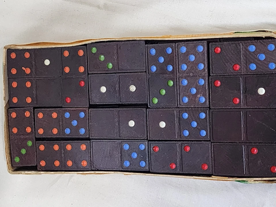 Vintage DRAGON DOMINOES by HALSAM Double Nine Set No. 920-R Colored Dots 55 Pcs - Image 3 of 4