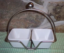 pampered chef simple additions white square double bowl 4.5" serving set caddy