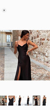 Black Satin Cowl Neck Midi Slip Dress Side Slit Button Detail M