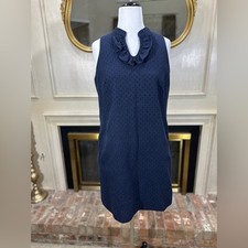 Tommy Hilfiger Navy Ruffle Neck Shift Dress Size 12 Sleeveles Pockets No Stretch