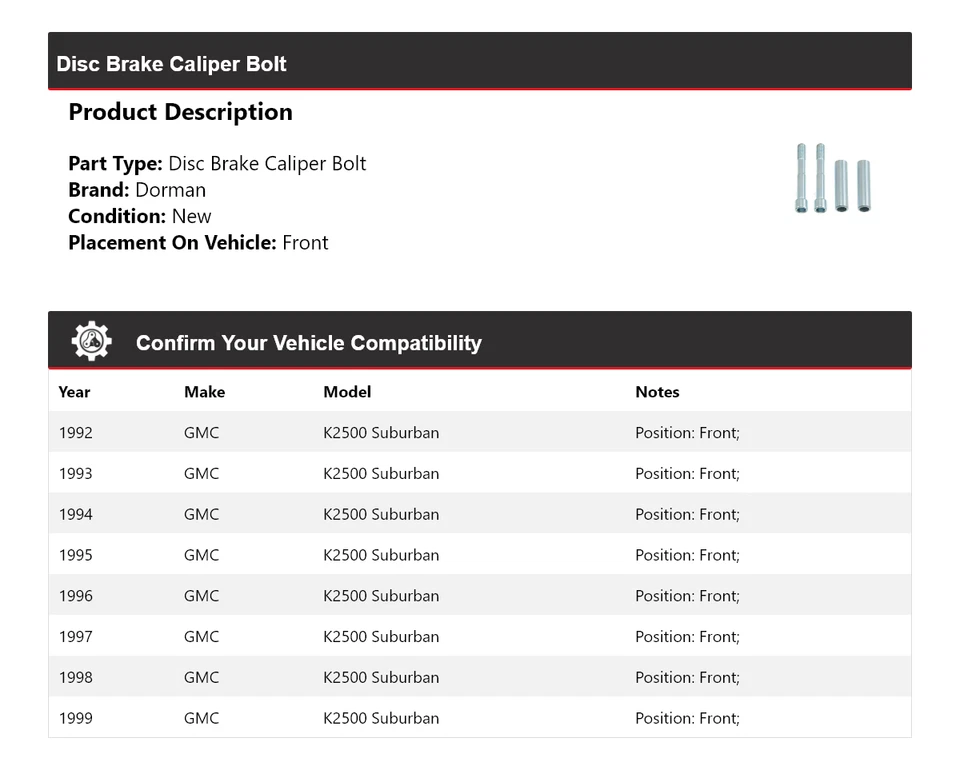 适用于 1992 - 1999 年 GMC K2500 Suburban Dorman 盘式制动卡钳螺栓前 1993 年 1994 — 第 2/4 张图片