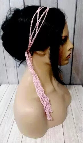 crochet handmade womans gypsy boho headband hair scarf pink love USA