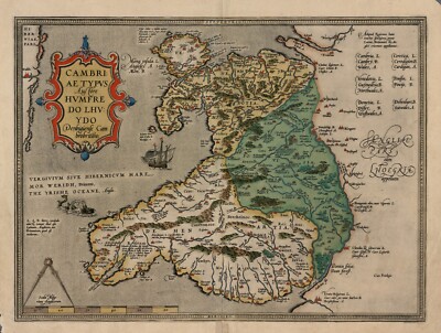 Cambriae Typus Welsh Latin Wales Vintage Karte Poster Druck gerahmte Leinwand Wandbild