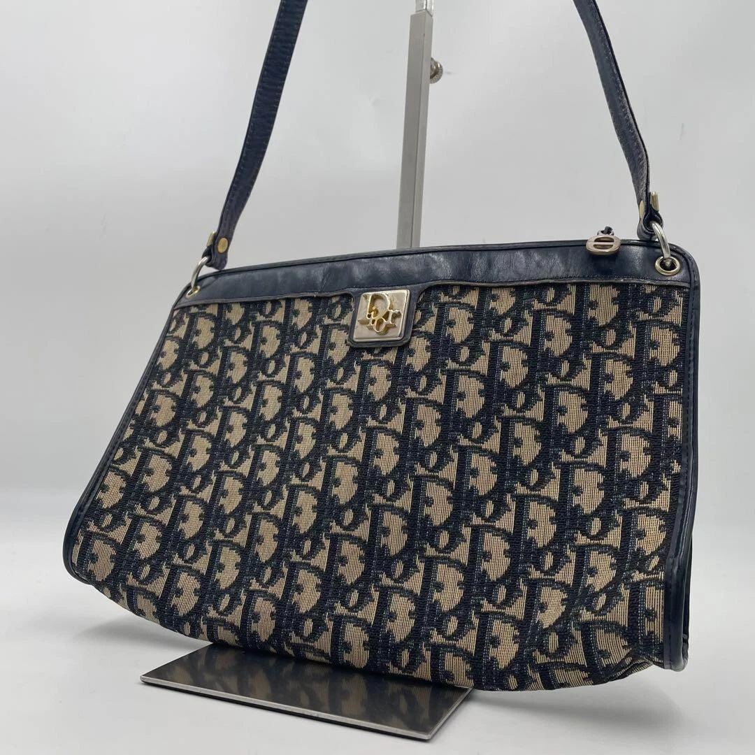 Sac à main bandoulière Christian Dior trotteur toile cuir marine authentique