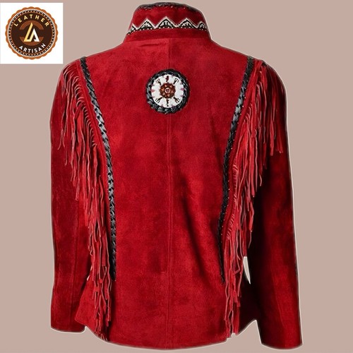 Women’s Suede Leather Jacket Western With Fringes & Beads Native American, Red - Picture 2 of 3