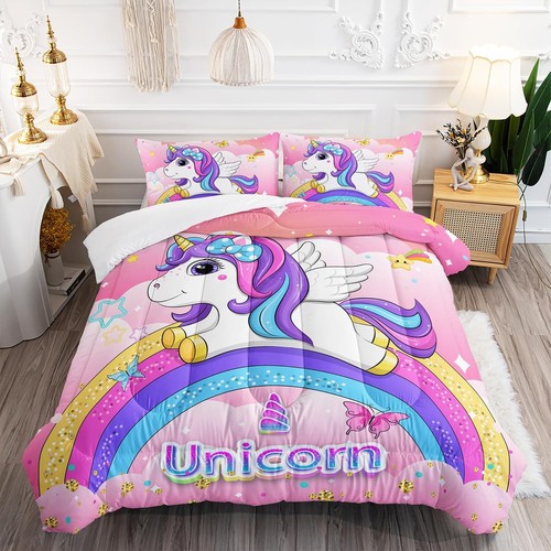 Kid Unicorn Butterfly Comforter Set Queen Size 3Pcs Rainbow Glitter Star Bedd...
