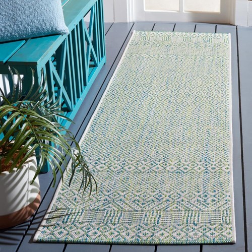 Courtyard Collection Runner Rug - 2'3" x 8', Ivory & Green, Non-Shedding & Ea...