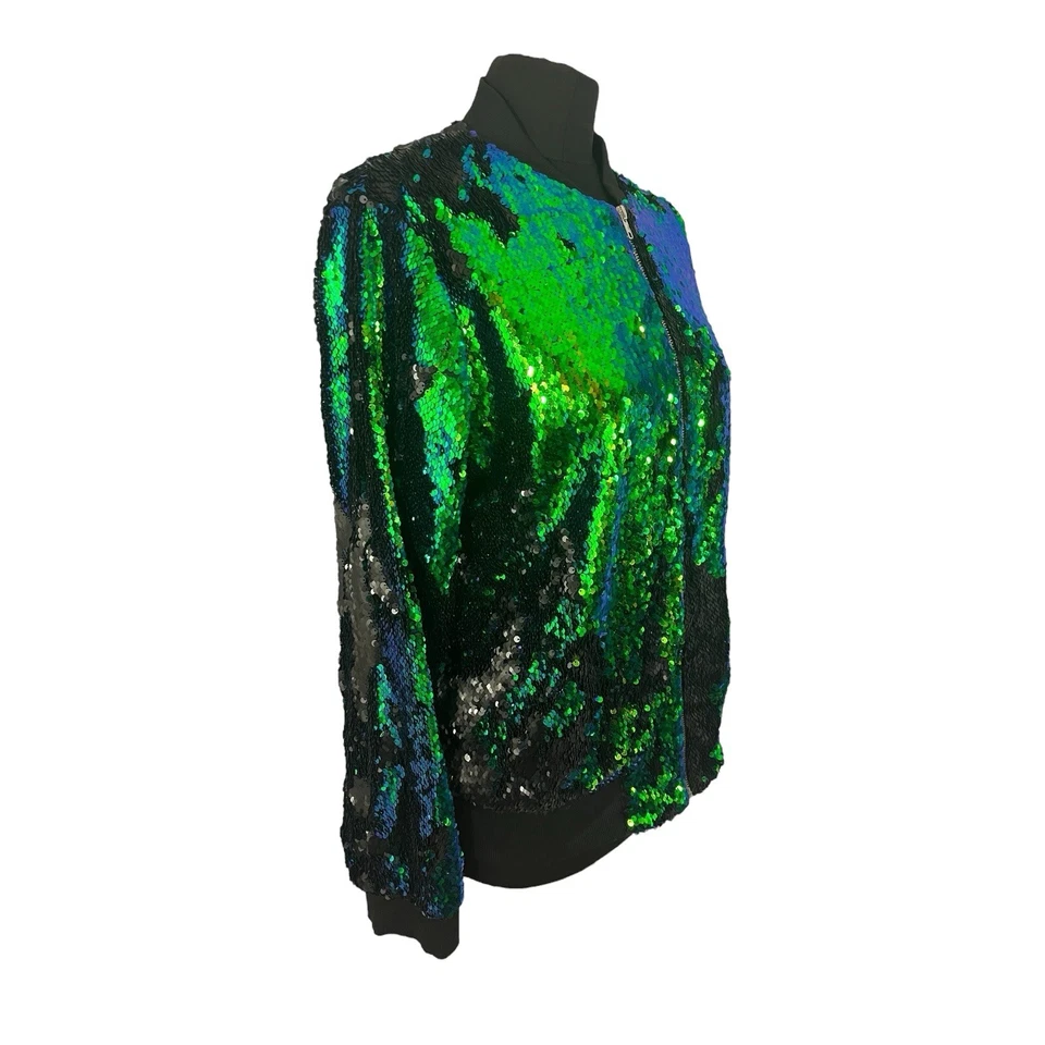 Chaqueta Haoduoyi Verde Azul Negro Lentejuelas Cremallera Chaqueta, Mujer’s L Foto 3 de 4