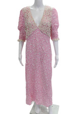 Rixo Womens Maxi Floral V-Neck 3/4 Sleeve Pink Viscose Dress Size 8