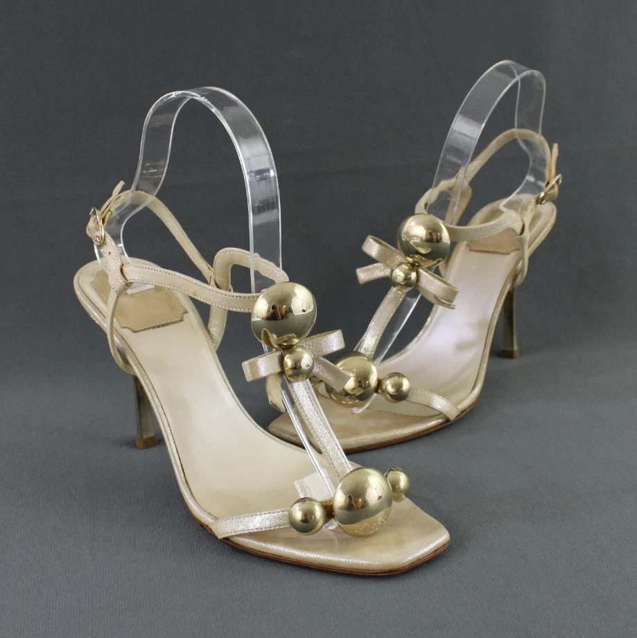 Chaussures Christian Dior beige tissu chatoyant talon doré pointure 38 US 8
