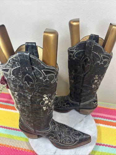 Botas occidentales Corral vintage de cuero envejecido negro con incrustaciones de lagarto para mujer EE. UU. 7M - Imagen 8 de 13