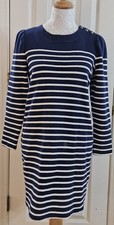 LOFT Striped Shoulder Button Dress Size Medium Navy Blue White Casual