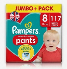 Pampers Baby Dry Size8 Diaper Pants 19+kg Stretchy Large Monthly Pack 117Nappies 0.29 per nappy