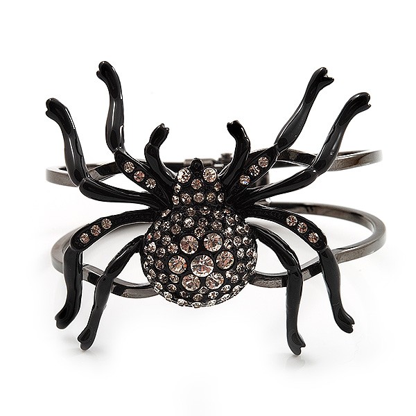 Gun Metal Crystal Spider Hinged Bangle Bracelet