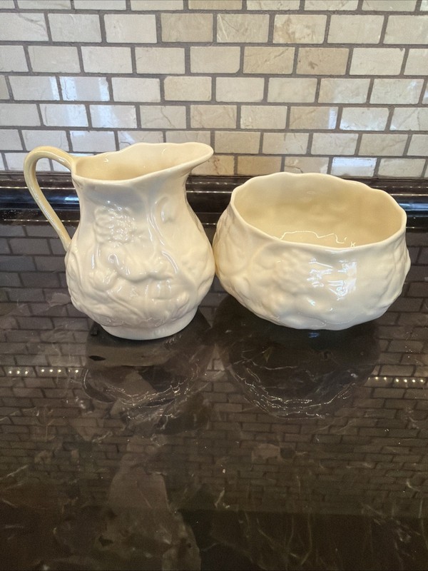 Vintage BELLEEK Ireland "Lotus Flower" Creamer and Sugar Set 7th Gold Mark
