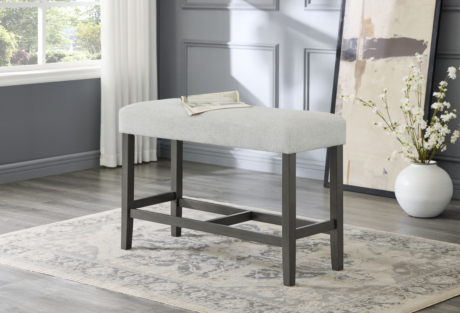 40" Light Gray Fabric Counter Height Bench with Gray Wood Fr