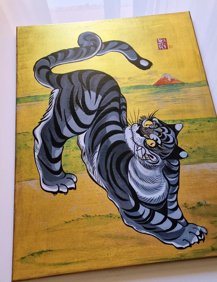 Koizumi Art Original Bild  Gemälde Unikat Kunst gold Japan Blau  Art Tiger  - Bild 4 von 4