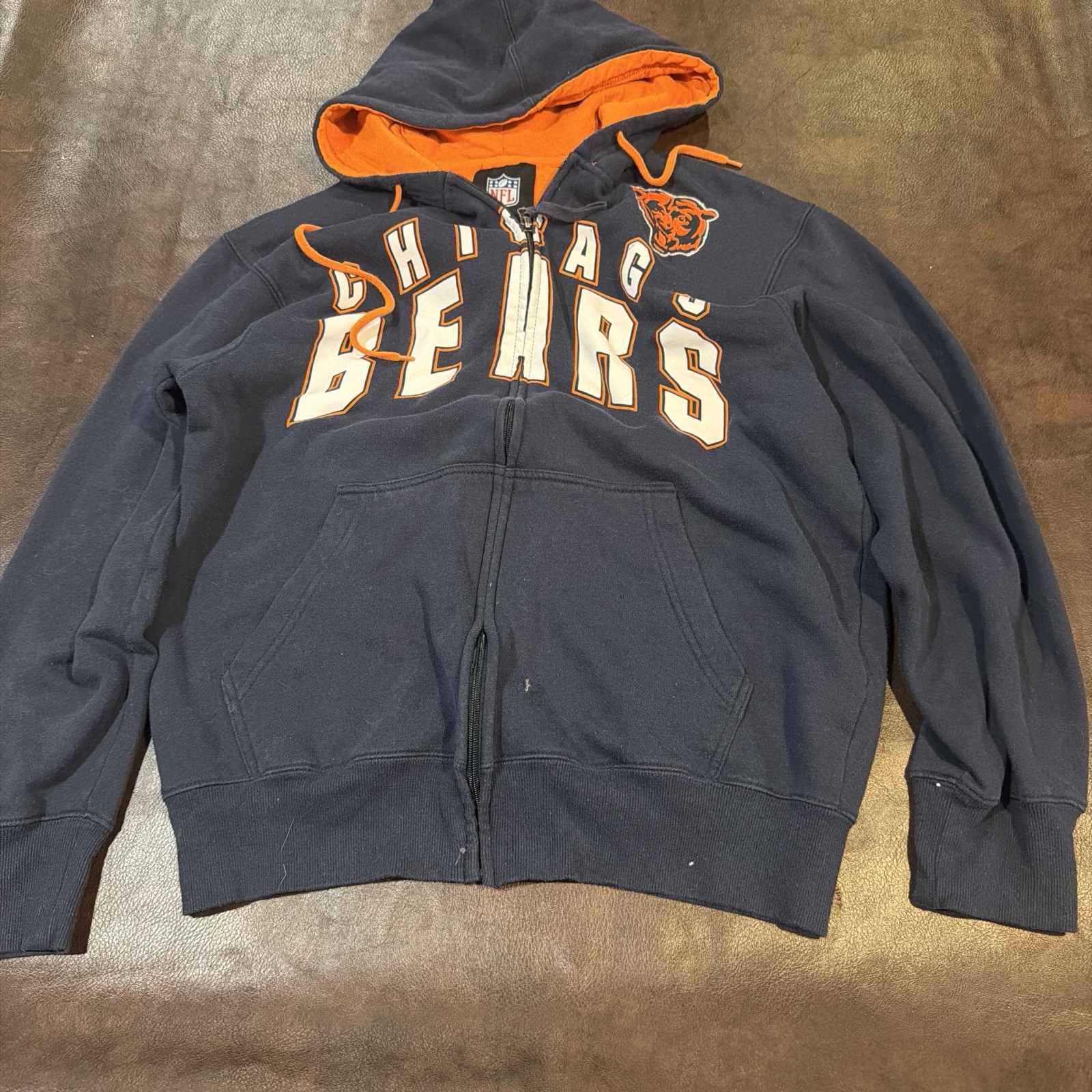 NFL Chicago Bears Full Zip Fleece Hoodie Men's Medium Navy Orange Graphic