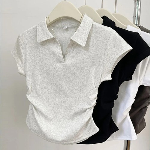 Women's Fashionable Solid Color Short Sleeve Top with Lapel and Waist Cinching - Picture 4 of 16