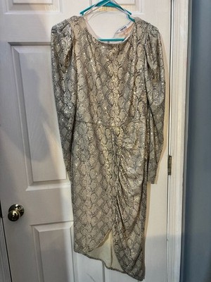 Koton Partywear Long Sleeve Snakeskin Pattern Sequin Midi Dress M
