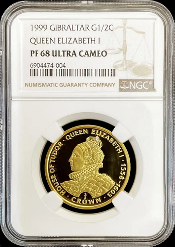 1999 GOLD GIBRALTAR 1/2 OZ QUEEN ELIZABETH CROWNED JEWEL NGC PROOF 68 UC