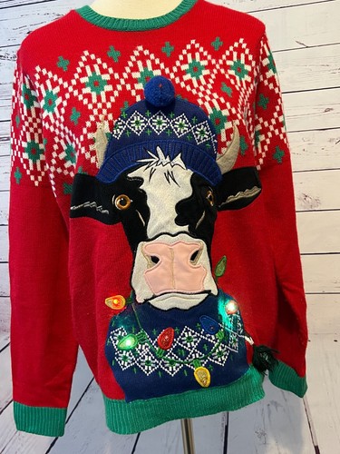 Holiday Time Ugly Christmas Sweater Lights Up Unisex Medium 38 40 Cow Farmer - Picture 8 of 9