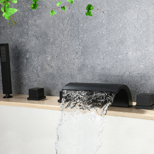 Black Waterfall Bath Tub Filler Hand Shower Mixer Tap 5 Holes Deck Mount Faucet