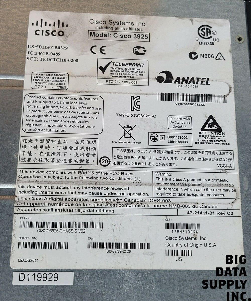 Cisco, 3925 Integrated Services Router, P/N CISCO3925 Cisco, 3925 Integrated Services Router, P/N CISCO3925