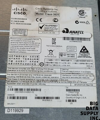 Cisco, 3925 Integrated Services Router, P/N CISCO3925 Cisco, 3925 Integrated Services Router, P/N CISCO3925