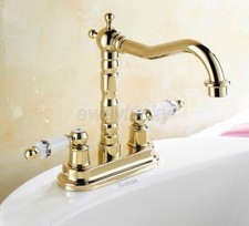 Gold Brass Dual Handle Hole Bathroom Faucet Vessel Sink Basin Swivel Mixer Tap