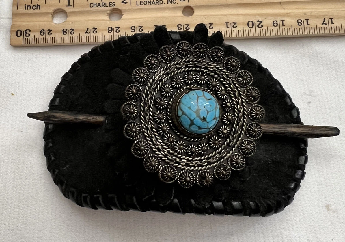 Black Leather Bun Hair Barrette Wooden Stick Pin Brooch eBay