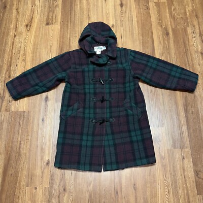 Vintage LL Bean Plaid Toggle Wool Coat Womens Size 10 Green Burgundy USA  *holes - Main Image