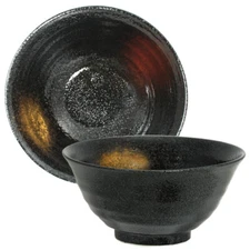 Japanese Ramen Udon Noodle Rice Bowl 8"D Ceramic Black w/ Gold Red Made in Japan