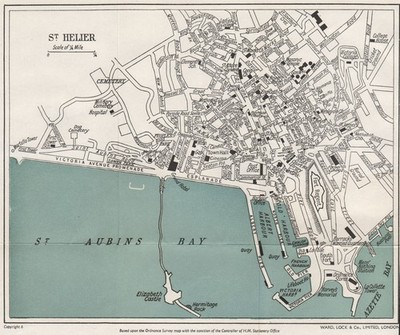 ST. HELIER Vintage Stadt/Stadtplan. Jersey Kanalinseln. WARD LOCK 1954 Karte