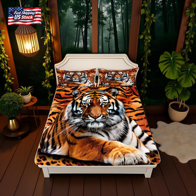 Manfei Tiger 3D Print Fitted Sheet Queen Size Wild Animals Bedding Set 3Pcs for 