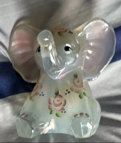 Hand Painted Glass Elephant Figurine Floral Design Clear Pink Green Glossy