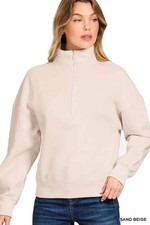 Women  s Fleece Half Zip Sweatshirt High Neck Cotton Sand Beige Relaxed Fit
