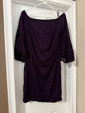 Lauren Ralph Lauren Purple Floral Lace Sheath Boat Neck 3/4 Bell Sleeve 8