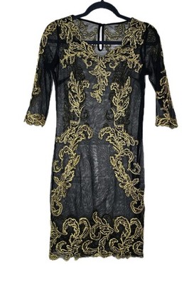 Gold Black Mesh Lace Embroidered Dress Overlay Prom Dance Cruise