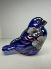 Fenton Blue Iridescent Carnival Glass Bird 4" Floral Hand Painted, Signed