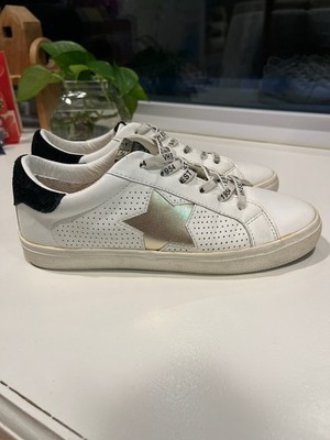 Vintage Havana Star Logo Perforated Glitter Sneakers White Black Gold Women 