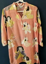 Citron Tunic Apricot W/Graphic Children At Play 100% Silk Linen Size S Adorable!