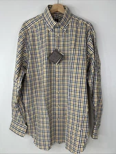 Robert Talbott Men’s XL Estate Gold Brown Navy Plaid Long Sleeve Button Shirt
