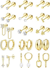 Flat Back Hypoallergenic Surgical Steel Earrings - 20G Gold Plated Stud Set