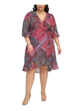 JESSICA HOWARD Womens Pink Tie Front Hem Lined 3/4 Sleeve Dress Plus 22W