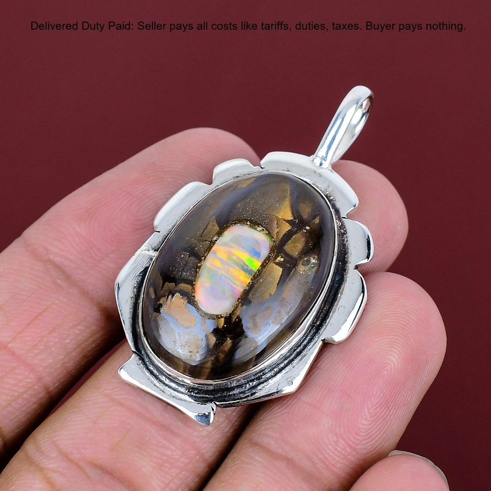 Colgante étnico con bisel de piedras preciosas de ópalo etópico de plata de ley 925 Foto 3 de 4